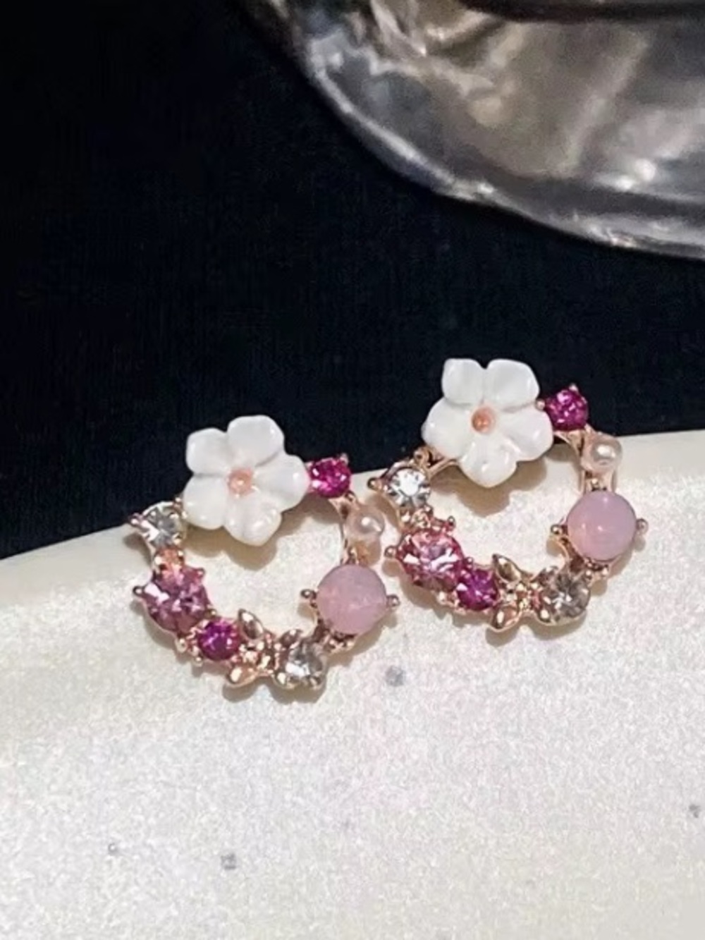 *** Delicate Floral Pink Crystal Hoop Earrings - White Flower Accent